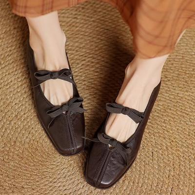 Мэри Джейн Новая женская обувь Балетки с бантом Квадратный носок Средний каблук Телесного цвета Обувь Модная Повседневная Элегантная Неглубокие туфли Лодочки Zapatos De Mujer