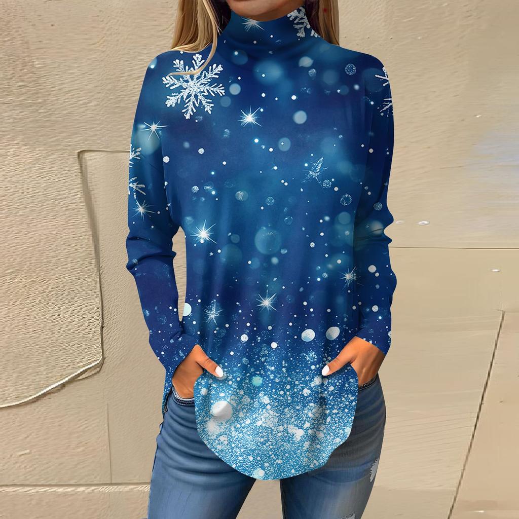 Женская модная повседневная футболка с длинным рукавом с высоким воротом и принтом, пуловер, топ