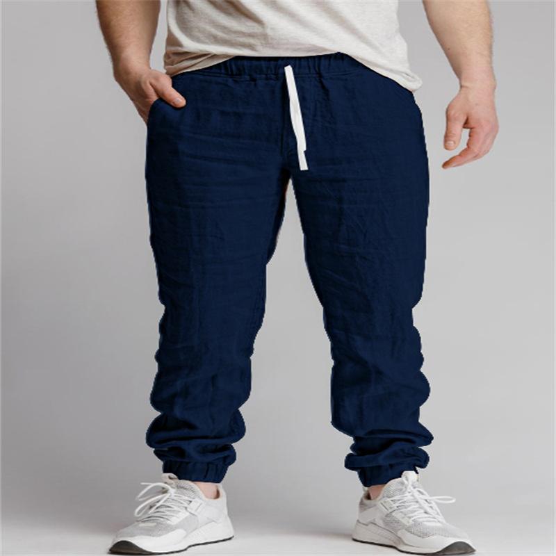 Модные новые мужские повседневные брюки из хлопка и льна с перекрестными краями, новые однотонные спортивные брюки для отдыха с дышащими штанами на шнурке