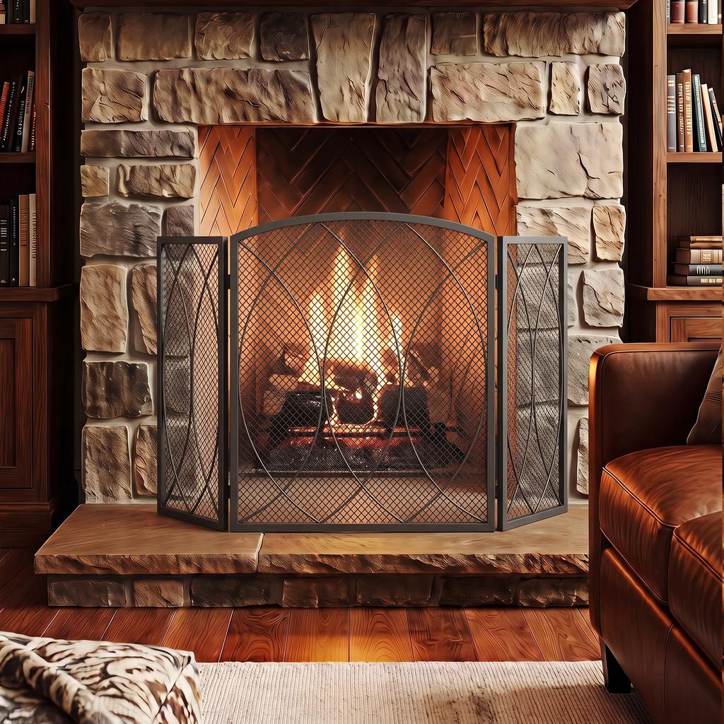 Fireplace Screen, 3-Piece Foldable Spark Guard 122 x 75 cm