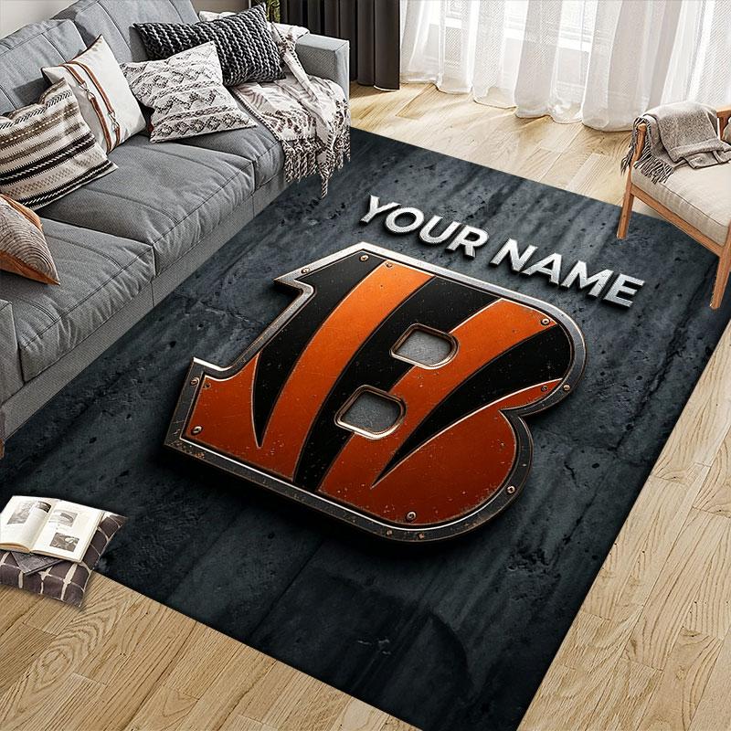 Custom Name,Cincinnati Bengals Home Sofa Decoration for Living Room & Bedroom, Non‑Slip Play Flannel Floor Mat for Game Room