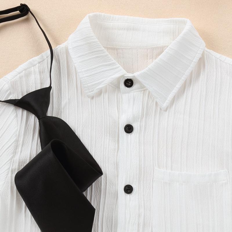 Студенческая форма, рубашка с галстуком, белая рубашка с длинными рукавами для мальчиков, блузка из гофрированной ткани для мальчиков с эластичным галстуком, верх