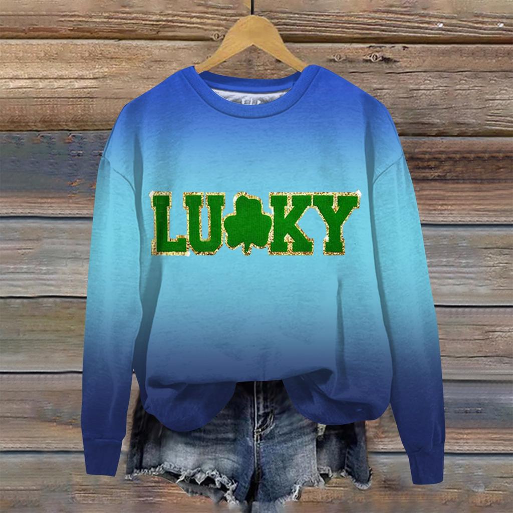 Women's Loose Casual St. Patrick's Day Printed Round Neck Long Sleeved Sweatshirt, Fashionable Long Sleeved Top