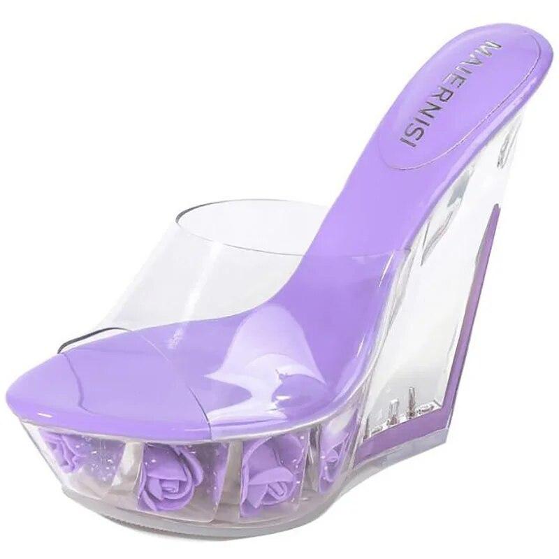 Sexy Ultra-high Heel Cool Slippers High Transparent Slope Crystal Waterproof Platform Sexy Open-toed Sandals WZ