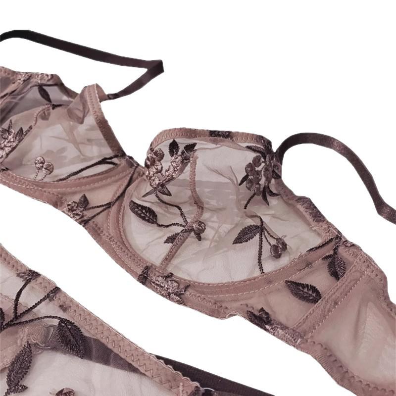 Комплект бюстгальтера с вышивкой из французского кружева: Стройнящий, Прозрачный, Сексуальный, Подчеркивает и Минимизирует для Всех Размеров Груди