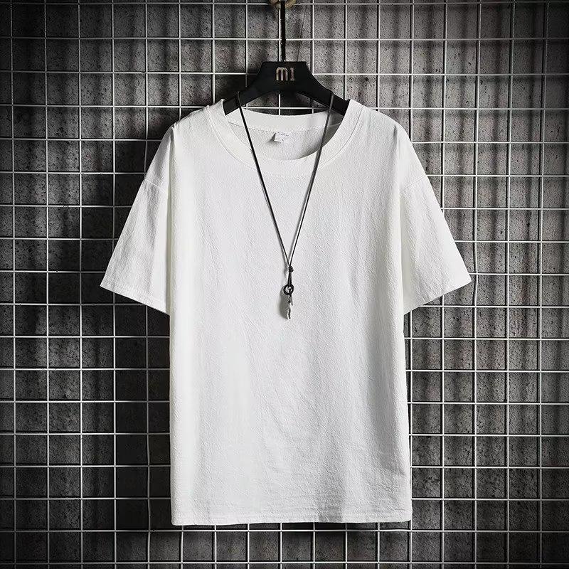 Мужская летняя модная свободная однотонная футболка из хлопка и льна с короткими рукавами
