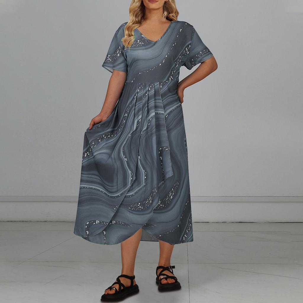 Женское повседневное большое длинное платье с v-образным вырезом и молнией с короткими рукавами и вставками с принтом