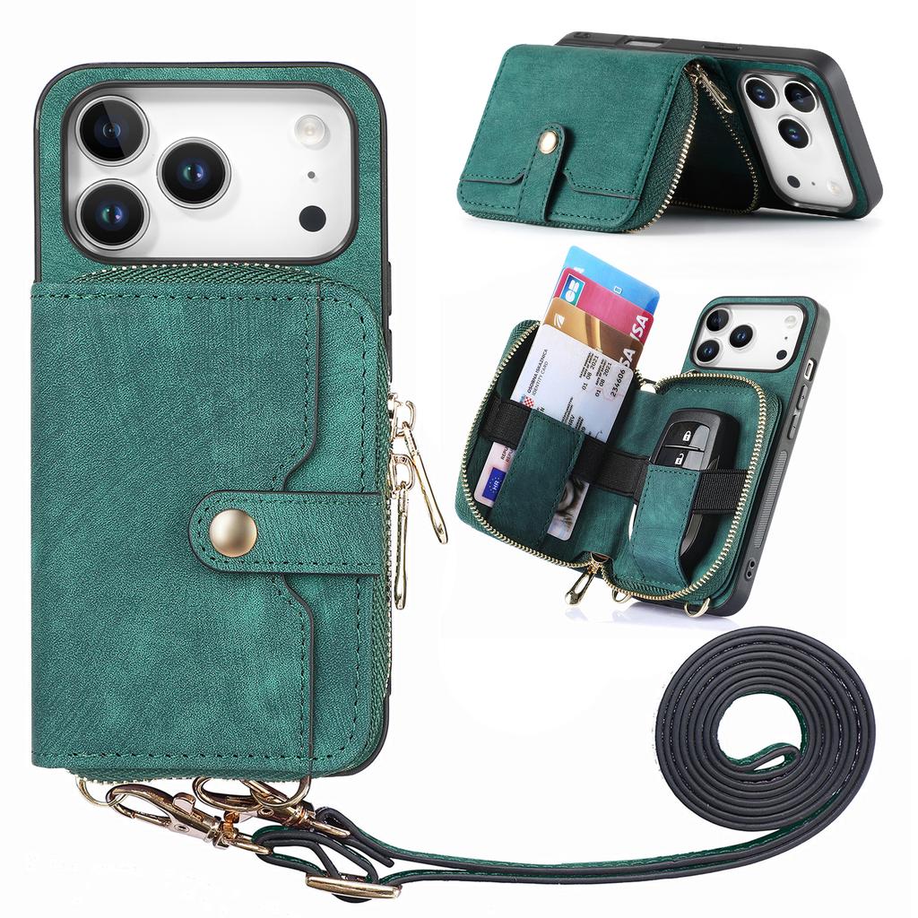 For iPhone 17 Pro PU Leather Phone Back Cover with Zipper Card Holder and Long Strap
