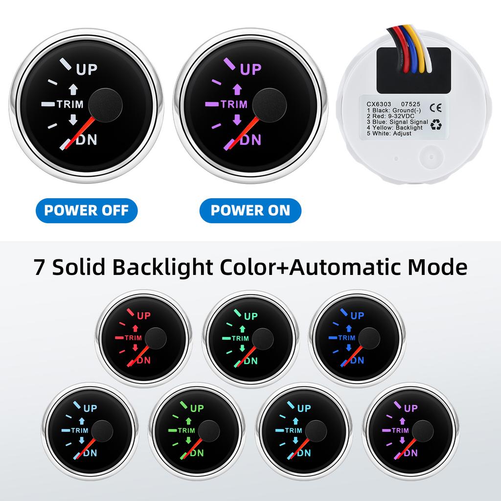 52mm Boat Balance Gauge 0-190ohm Boat Trim Meter Trim Tilt Indicator Digital pointer Gauge 7-color backlight For Yacht Marine