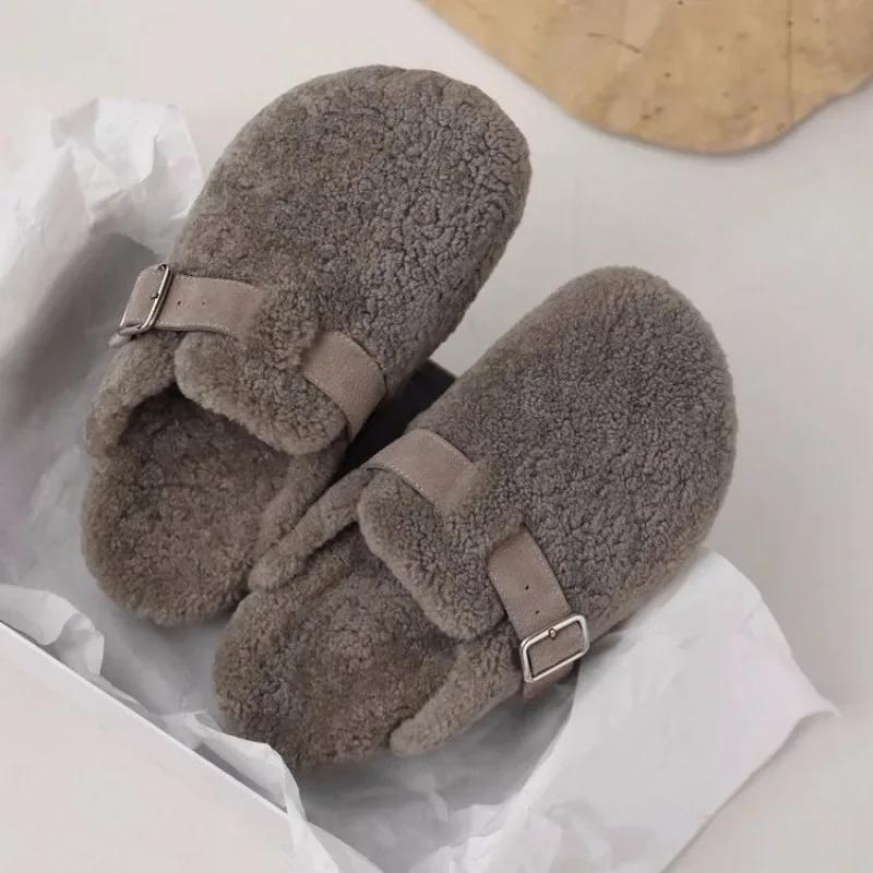 Зимние тапочки Baotou женские с круглым носком, замшевые, с пряжкой на ремне, мягкая подошва, нескользящая, износостойкая, плоская обувь
