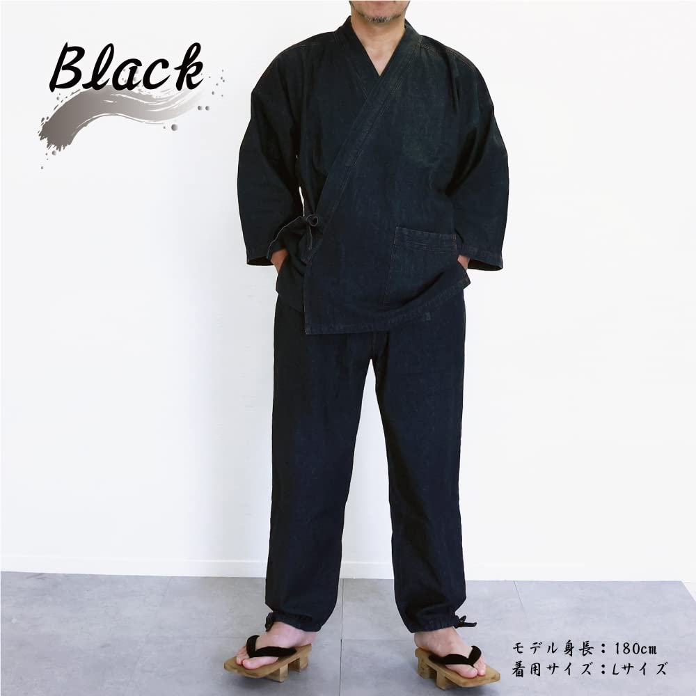 Swing Plus Denim Japanese Samue Samue Верх и низ Комплект комнатная одежда [SWINGPLUS] Мужская M-2L (2л, черный)