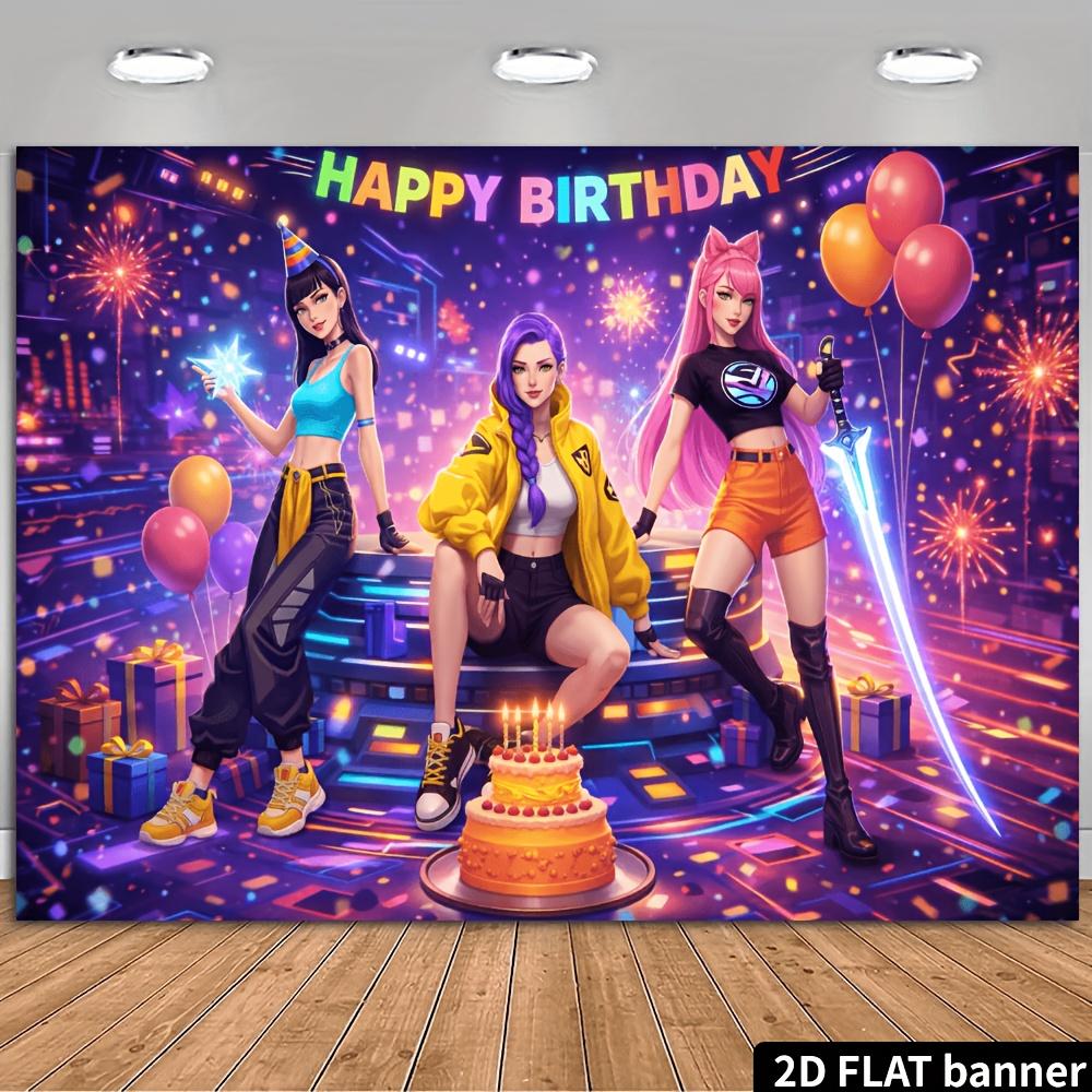 A 2D planar network stage-style birthday party backdrop, featuring fashionable characters and a highly technological stage