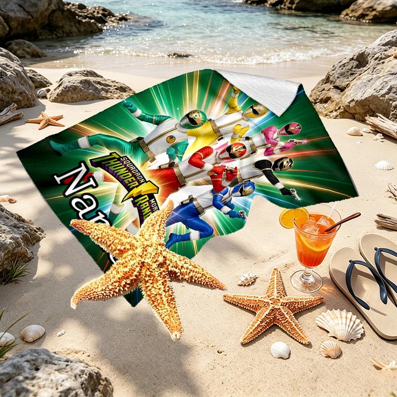 Custom Name Personalized Mighty Morphin Power Rangers Print Beach Towel, for Trip Camping Beach Party Home Decor, Birthday Gift for Family & Friends