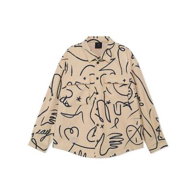 Li Ning X Artist DFT Collaboration Wade Series Fun Pattern Loose Shirt Long Sleeve Shirt Autumn Men Shirts Khaki ASHR181-1