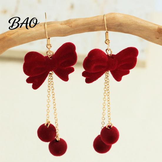 Christmas Gift for Her 1 Pair Velvet Bow Earrings Women, Red Bowknot Dangle Drop Charming Holiday Party Jewelry with Ball Charm, New Year Xmas