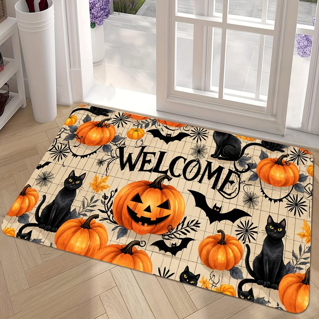 Halloween-Themed Door Mat with Pumpkin & Black Cat Design - Washable Polyester, Perfect for Entryway, Living Room