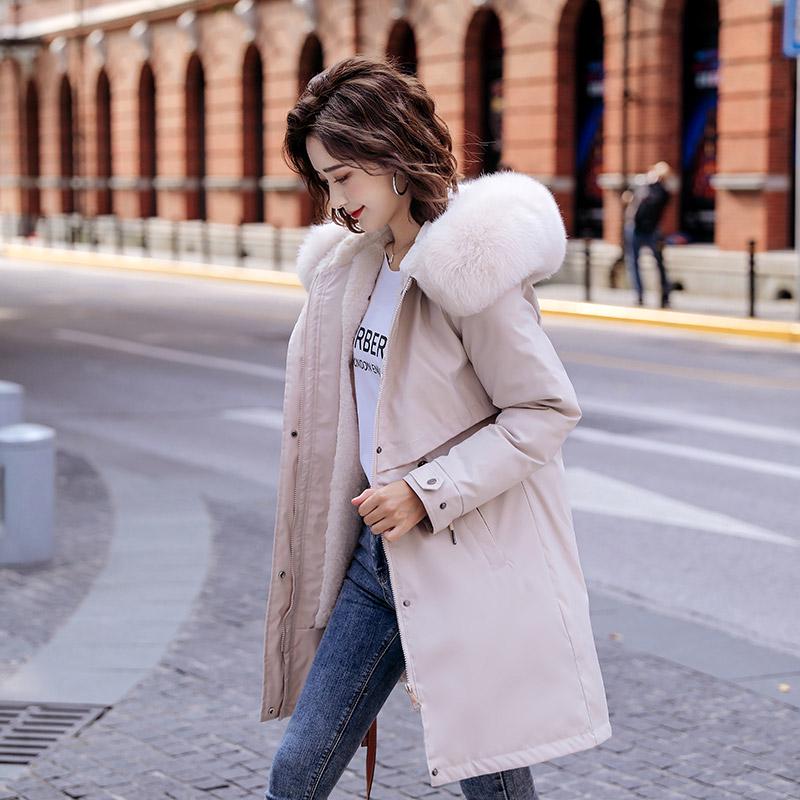 Women Fall Winter Jacket Coat Parka Thicken Cotton Liner Medium Long Hooded Fur Collar Adjustable Waist Solid Color M-6XL