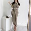 Fashion Autumn/Winter Retro Half High Neck Slim Fit Temperament Colored Mid Length Strap Knitted Elegant Dress for Women