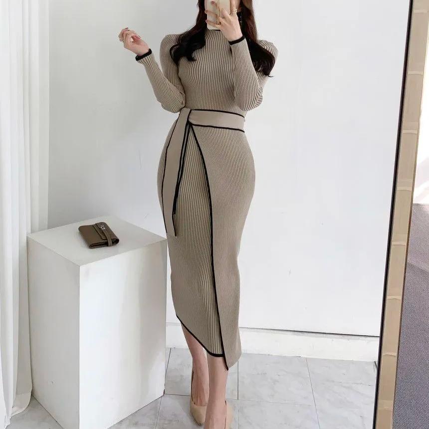 Fashion Autumn/Winter Retro Half High Neck Slim Fit Temperament Colored Mid Length Strap Knitted Elegant Dress for Women