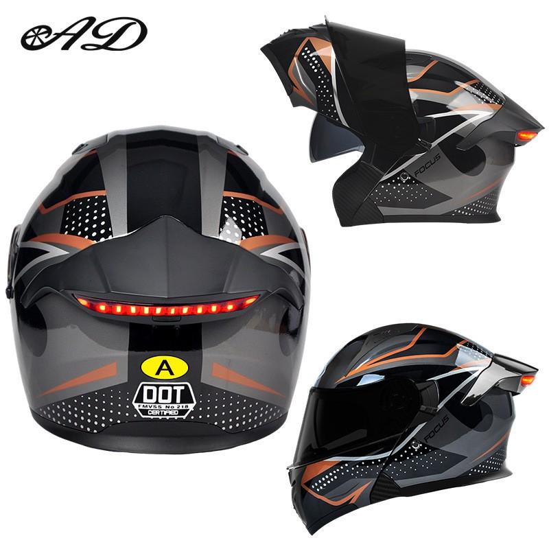 Full Face Motorcycle Helmet With LED Tail Light Function Universal Flip-Up Men Women All Season Off-Road Riding