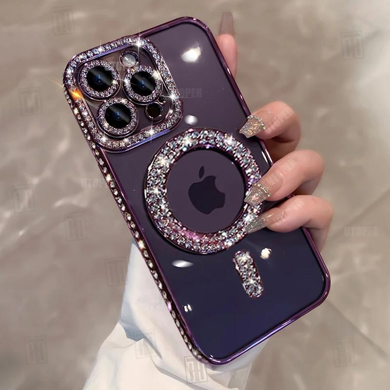 High-grade Glitter Rhinestones Phone Case For iPhone 16 15 11 12 13 14 Pro Max 16 Plus Magsafe Magnetic Clear Lens Protect Cover