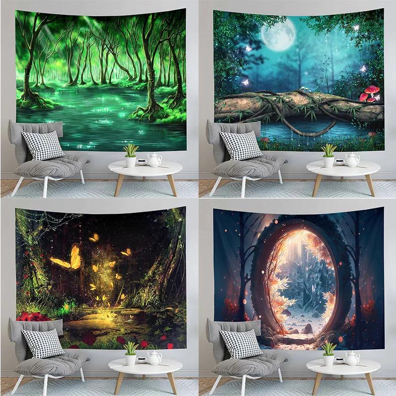 Fairy Tale Forest Tapestry Full Moon Night Red Mushroom Living Room Bedroom Dormitory