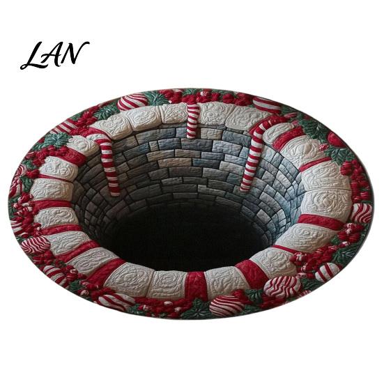 Decorative Indoor Room Rug Christmas Round Area Rug, 3D Optical Illusion Floor Mat with Santa Candy Cane Print, Non-Slip Stain Resistant Carpet