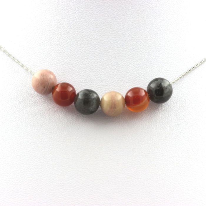 Stones and Minerals. Rhodonite + Labradorite + Banded Agate 8 Mm Pearl Necklace Stainless Steel Chain.