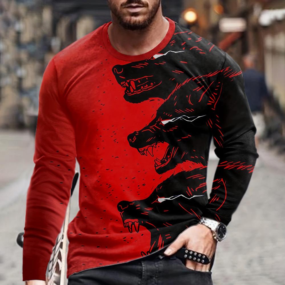 Футболки для мужчин Крутой 3D-принт с изображением волка Винтажная уличная одежда Футболка свободного покроя с круглым вырезом Топы Повседневная футболка с длинным рукавом Одежда