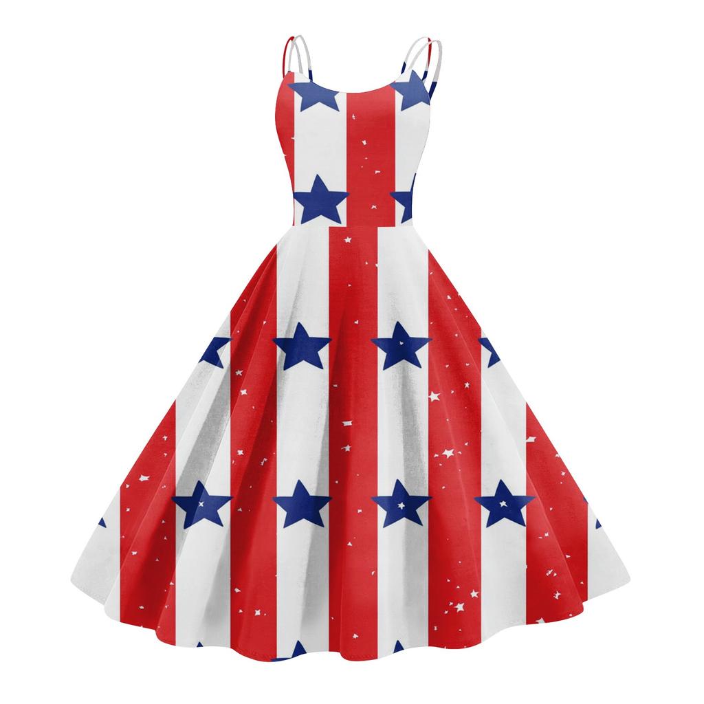 Women's Patriotic Starry Night Dress Sleeveless American Flag Design, Perfect for Celebrations & Summer Events