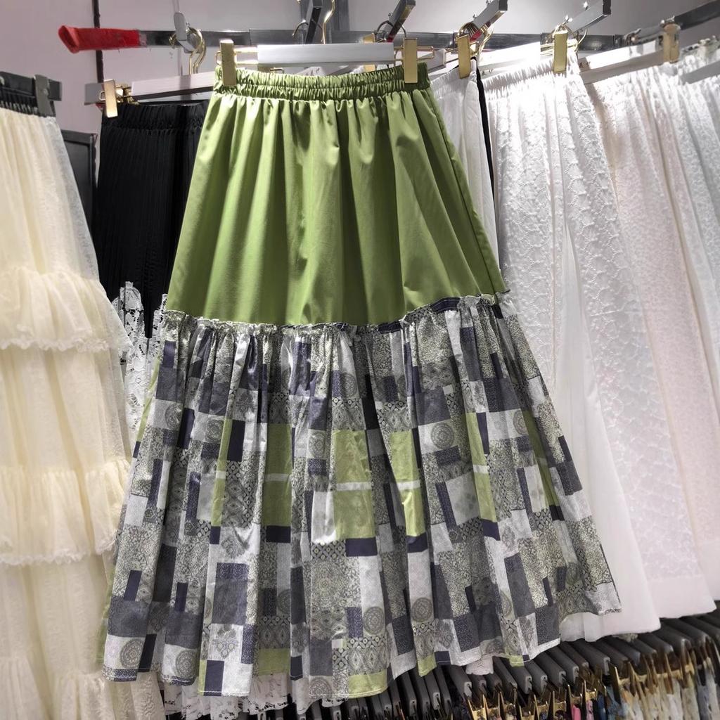 2025 весна и лето новая японская ретро юбка с контрастными цветами универсальная А-образная юбка, тонкая ретро этническая юбка средней и длинной длины