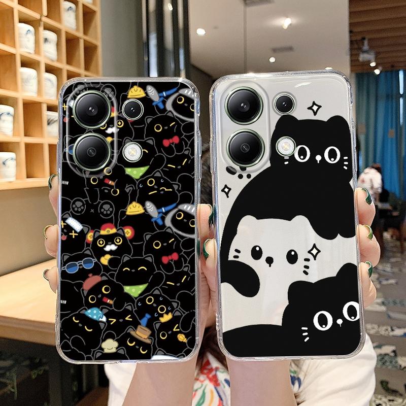 Милый черный кот мягкий прозрачный силиконовый чехол для Xiaomi Redmi Note 13 14T 15 Samsung A55 A35 S24 iPhone 15 Huawei Honor Camera защитный противоударный чехол
