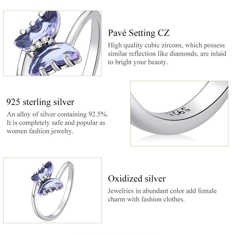 BAMOER из стерлингового серебра 925 пробы, нежное кольцо-бабочка для женщин, кольцо для девочек, размер 6, 7, 8, женское эффектное ювелирное изделие, подарок