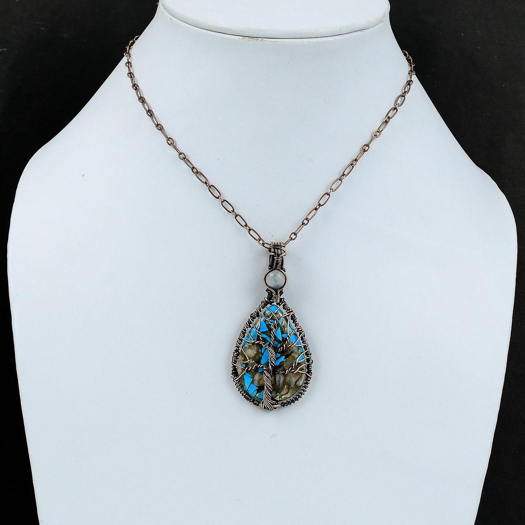 Древо Жизни Розовый Опал Медь Бирюзовый Подвеска Медная Проволока Обернутая Подвеска Подвеска Из Драгоценного Камня Ювелирные Изделия Ручной Работы Из Медной Проволоки Подвеска из Лунного Камня