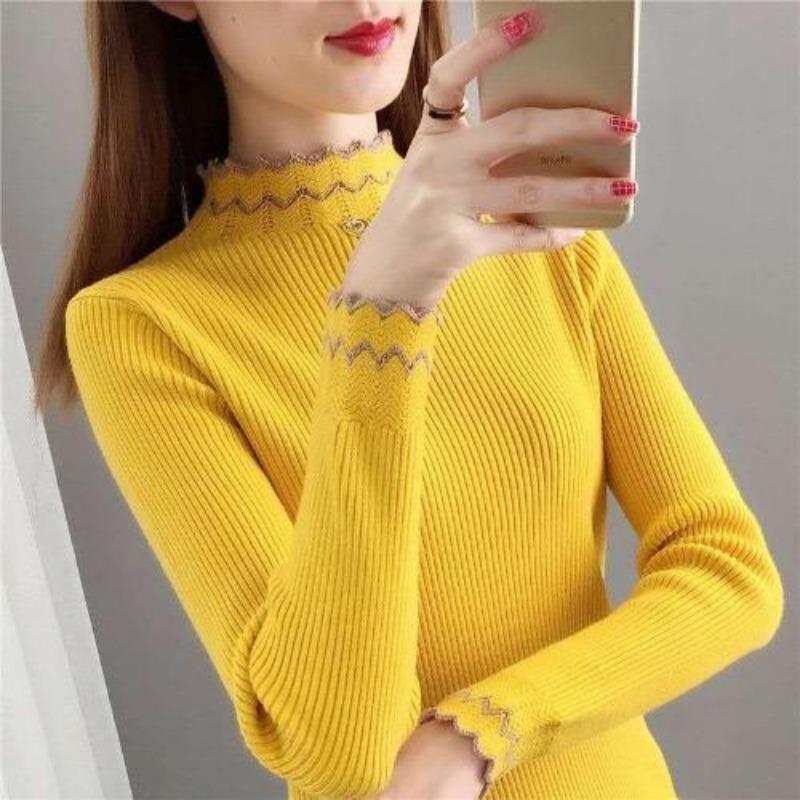 Half High Neck Knitted Sweater with Base Women's Autumn and Winter Long Sleeved Top Lace Lace White Sweater