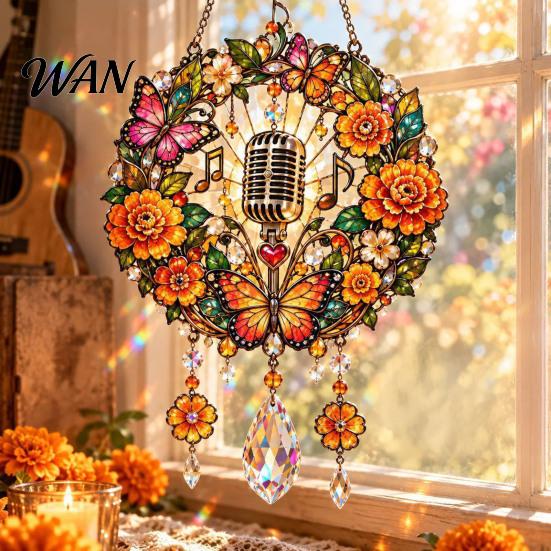 Stained Glass Style Decor Acrylic Suncatcher with Metal Chain, 2D Flat Window Hanging Ornament Vintage Microphone Wall Retro Cowgirl/Microphone