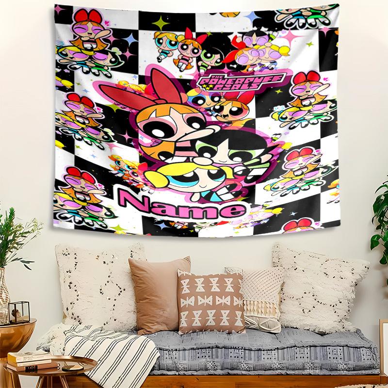 Personalized The Powerpuff Girls Background Tapestry,Custom Name Birthday Party,Multifunctional Wall Decoration for Home Decor,Various Occasions