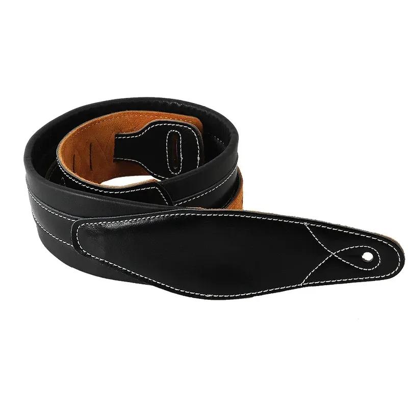 Genuine Leather Padded Black Guitar Strap for Electric Acoustic Guitar Bass Adjustable Belt Widen and Soft