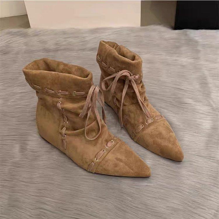 Складные остроносые короткие сапоги женские на плоской подошве с ремешками 2025 лето и осень новые ретро нишевые Майяр западные ковбойские сапоги