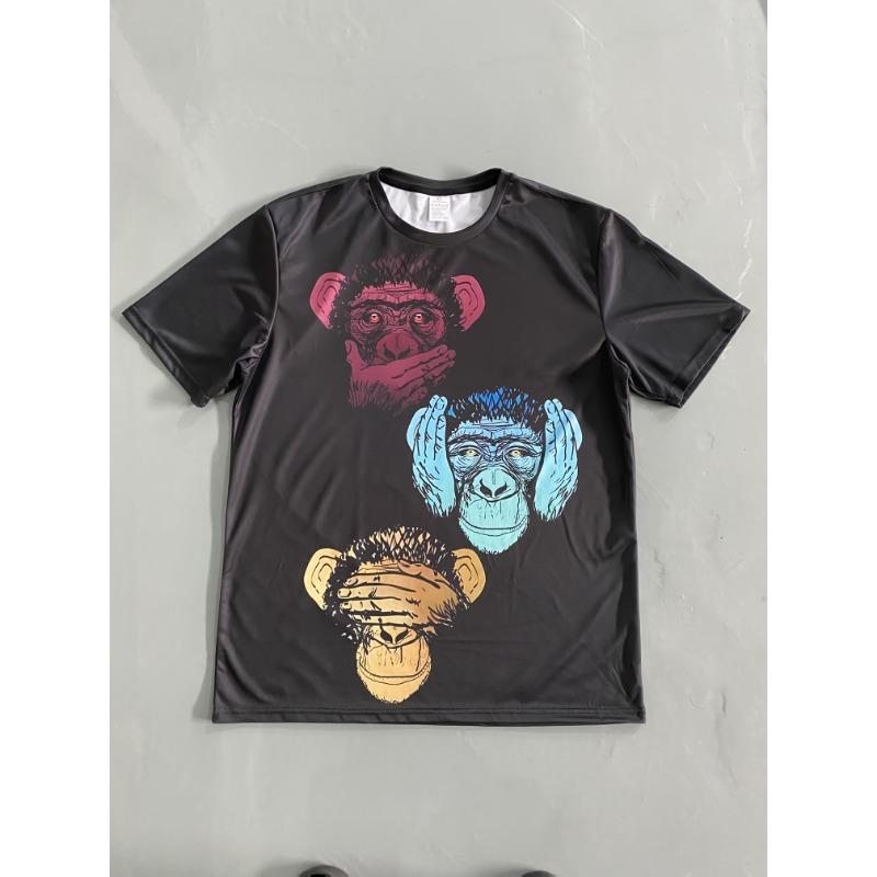 Men's Three Wise Monkeys 3D Printed T-Shirt Casual Short Sleeve Crewneck Top Spooky Skull Chimpanzee Graphic Tee Hip Hop Streetwear Summer Clothes