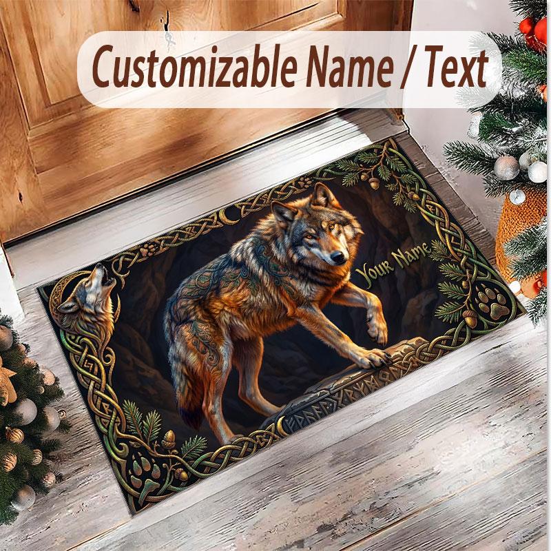 Wolf Theme Soft Crystal Velvet Rug Custom Name & Text Print Non Slip Floor Rug for Bedroom Living Room