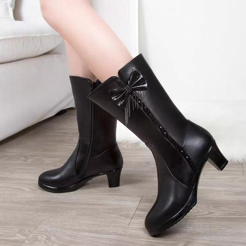 Ladies Shoes 2024 Side Zip Mid-Calf Women's Boots Keep Warm Modern Boots Women Bow Tie Fringe Round Toe Med Heel PU Shoes Women