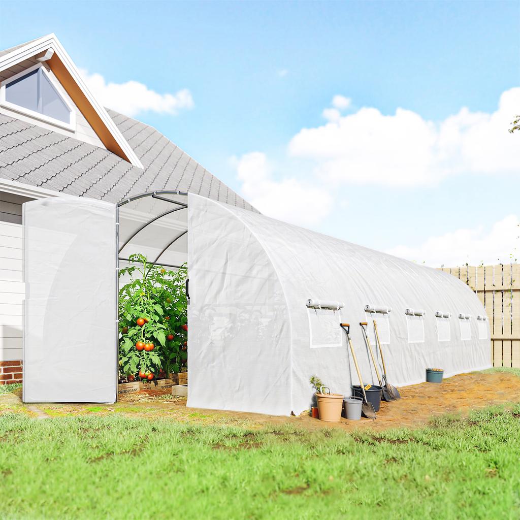 Garden tunnel greenhouse 24m², garden tunnel greenhouse with doors and 12 windows with insect screens, 295x798x199cm, white