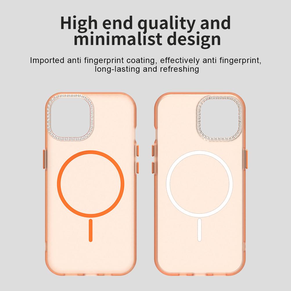 For iPhone 15 Plus/14 Plus Case Compatible with MagSafe TPU+PC+PET Phone Cover Rhinestone Decor Lens Frame