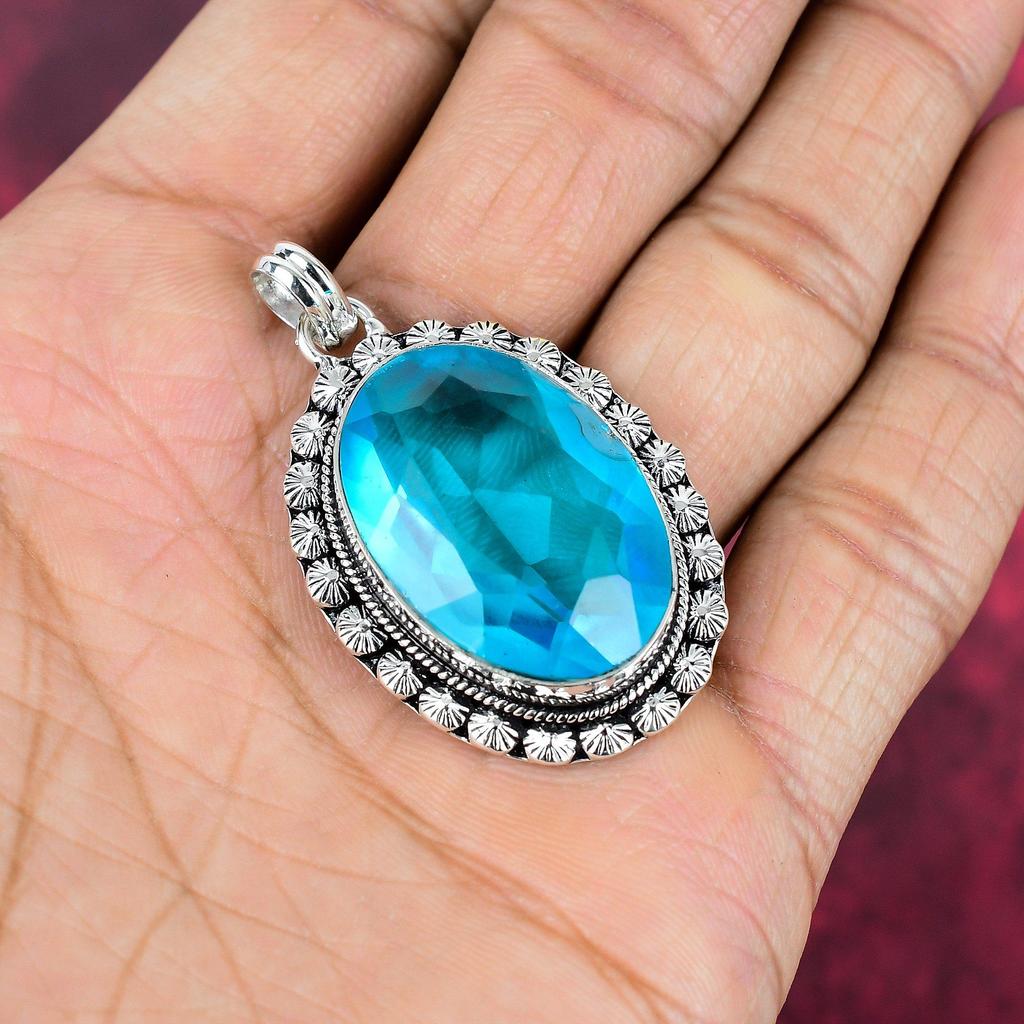 Подвеска с голубым топазом, ювелирные изделия из цельного серебра 925 пробы с драгоценными камнями, подвеска ручной работы, на День благодарения