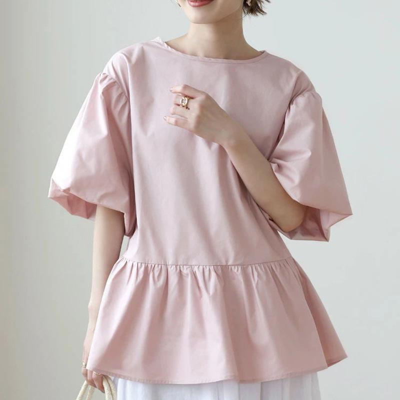 New Summer Round Neck Lantern Sleeve Pleated Shirt for Women Solid Color Cotton Niche Shirt for Women