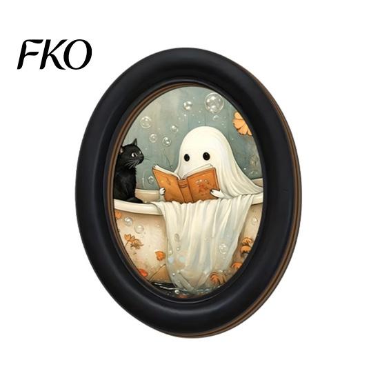 Cute Ghost Painting Halloween Wall Decor, Table Sign, Vintage Oval Framed Non-marking Art Picture, Decorative for Mantel Living Room Bedroom