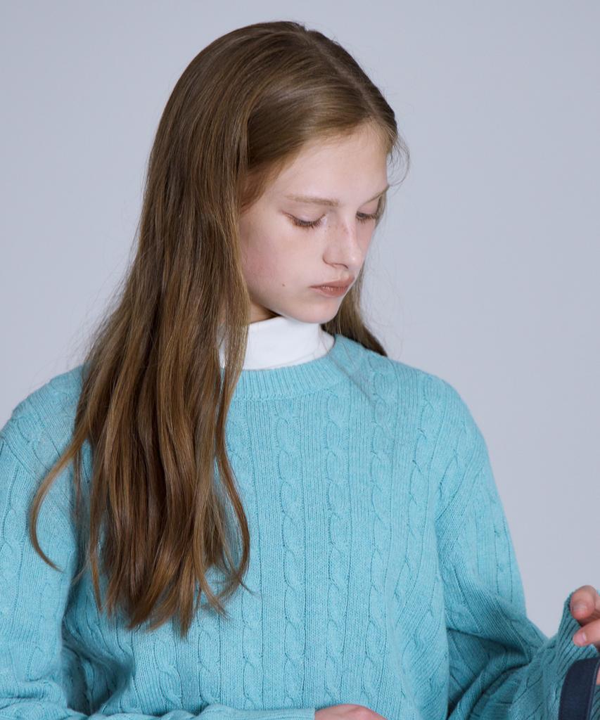 BASIC HOUSE Women'S Cable Round Neck Crop Knit Mint Lykt7201