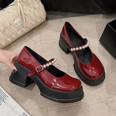 Мода Comemore Мэри Джейн Одинарная обувь Женская Весна Осень Массивная на высоком каблуке Женская обувь Повседневная Толстая подошва Жемчуг Ретро Лоферы Туфли-лодочки