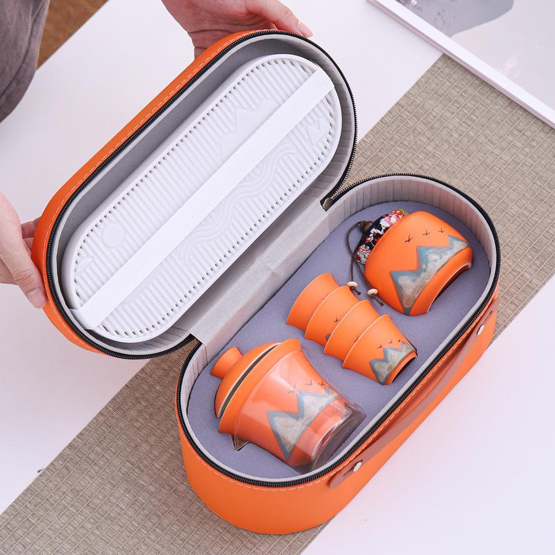 Coarse pottery covered bowl travel tea set Portable portable express cup Outdoor car tea set with tea tray gift Business gift